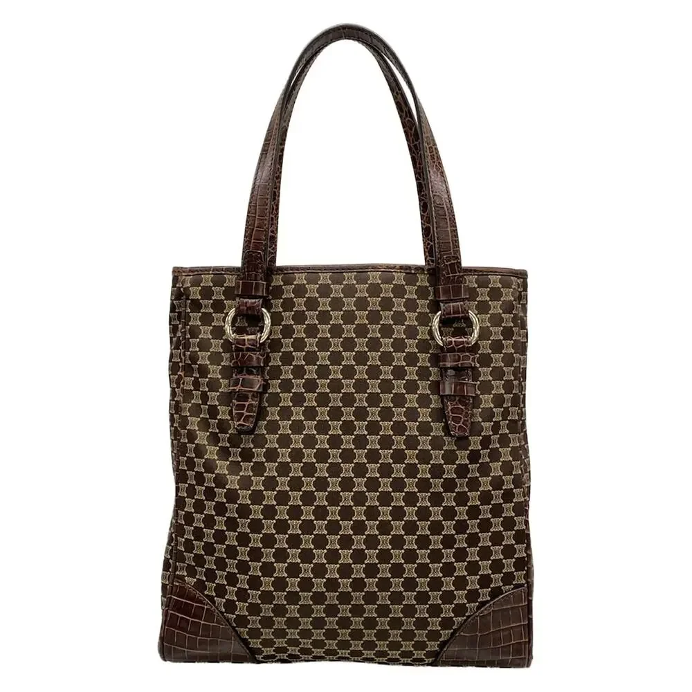 Celine Macadam Tote Bag Dark Brown Beige Jacquard Leather